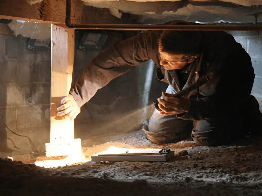 A professional inspecting wooden beams under the floor of a structure in Phoenix, AZ