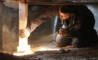 A professional inspecting wooden beams under the floor of a structure in Phoenix, AZ